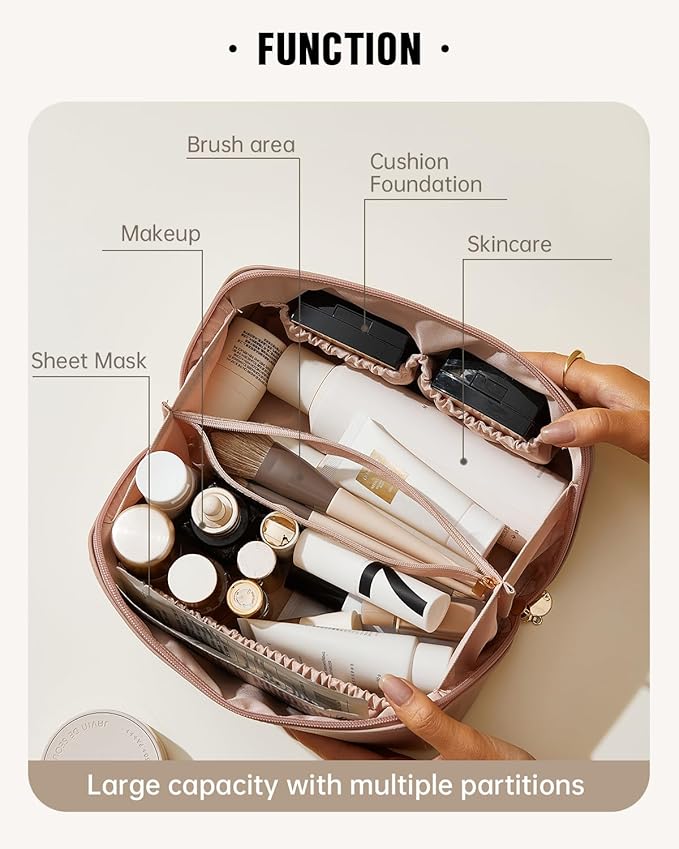 EACHY Travel Makeup Bag, Large Capacity Cosmetic Bag for Women, Waterproof PU Leather, Flat Open Portable Toiletry Bag for Skincare, Brushes & Travel Essentials