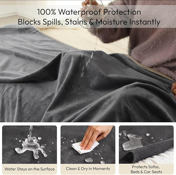 NANPIPER 100% Waterproof Blanket for Couch, Reversible Fleece Love Blanket, Spill-Proof Dog Throw for Camping, Travel, Dark Grey/Light Grey 60x80 inches