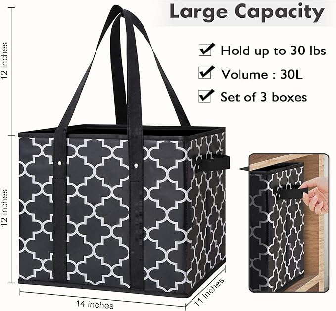WISELIFE Reusable Grocery Bags 6-Pack Foldable Washable Large Storage Bins Basket Water Resistant Shopping Tote Bag Black