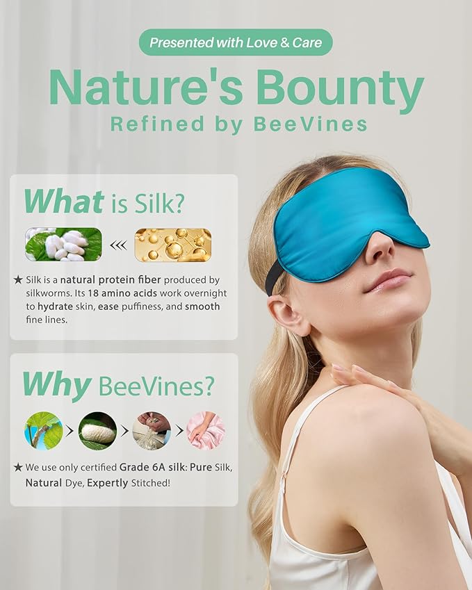 BeeVines 100% Real Mulberry Silk 2 Pack Sleep Mask, Pure Silk Eye Masks with Adjustable Strap for Sleeping, 100% Block Light Eye Shade Cover, Reduces Puffy Eyes Traveling Gifts(Black & Peacock Blue)