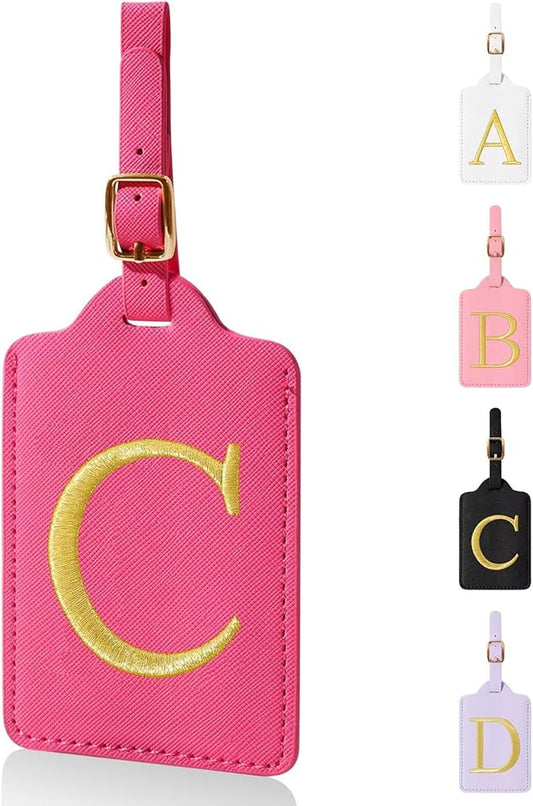 Personalized Initial Luggage Tags for Suitcases,Leather Letter Cute Luggage Tags with Privacy Name Card,Embroidered Monogrammed Travel Bag Backpack Tag Gifts for Women Kids Girls Teens(Rosered-C)