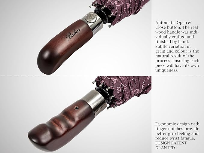 Balios Travel Folding Umbrella with Real Wood Handle Auto Open Close Vented Windproof Canopy - Designed in UK