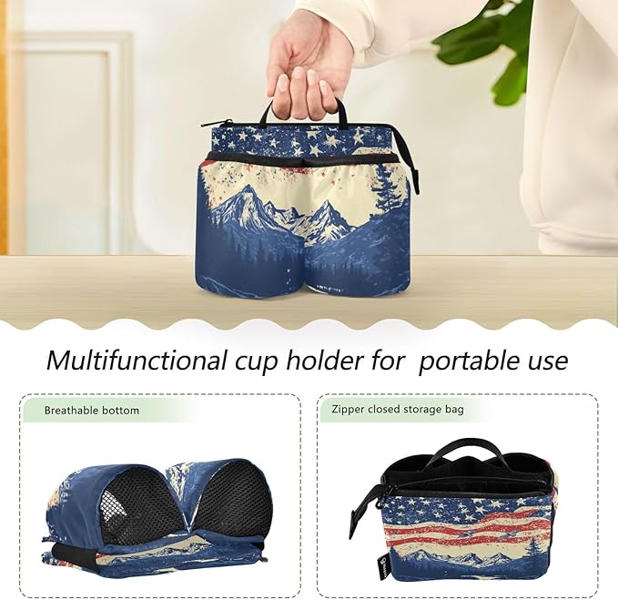 July 4th Flags Mountains Blue Luggage Cup Holder Travel Portable Free Hand Drink Carrier Suitcase Drinks Beverage Holder Carry-On Bottle Mug Holder Organizer Bag Travelers Accessories