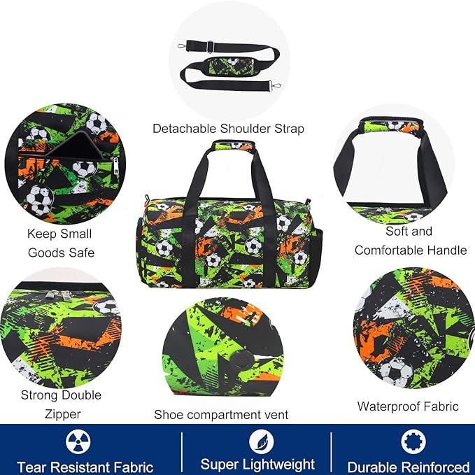 Gym Travel Duffle Bag for Boys - Gymnastics Sports Dance Bag with Shoe Compartment & Wet Pocket Kids Travel Bag Teens Weekender Sleepover Carry On Bag Football