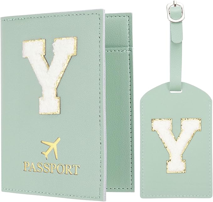PATIKIL Passport Holder for Travel, Initial Passport Cover and Luggage Tag Set with Alphabet Chenille Letter Patch Travel Wallet Bag Suitcase Identifier for Women Family Travel Green Y