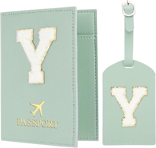 PATIKIL Passport Holder for Travel, Initial Passport Cover and Luggage Tag Set with Alphabet Chenille Letter Patch Travel Wallet Bag Suitcase Identifier for Women Family Travel Green Y