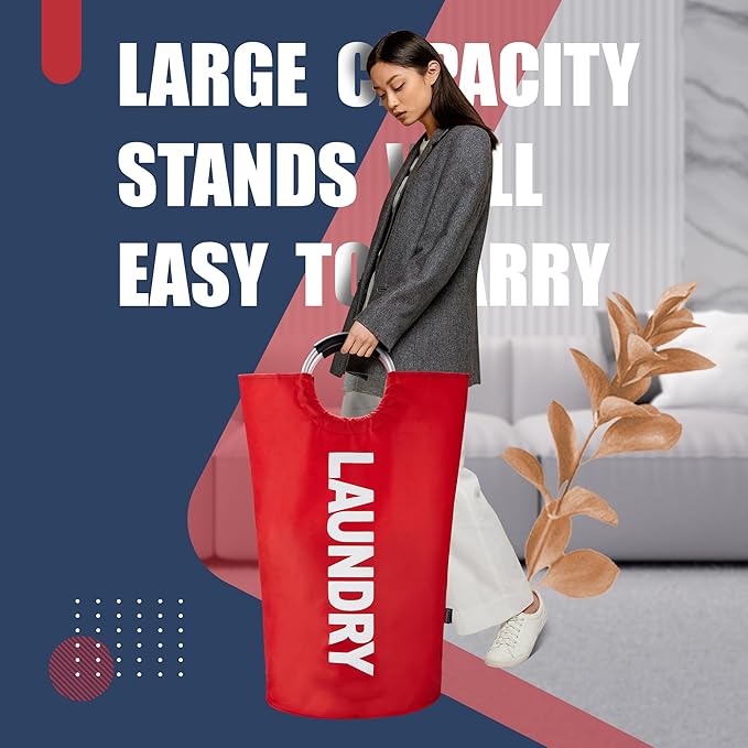 Caroeas 100L Laundry Basket,Large Laundry Hamper, Laundry Bag with Padded Handles, Clothes Hamper Stands Up Well, Collapsible Free Standing Easy Storage Washing Bin (Red,100L)