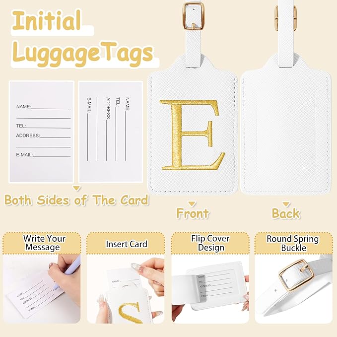 Initial Luggage Tags for Suitcases, Cute Embroidered Letter Luggage Bag Suitcase Identifier Name Baggage Tag, PU Leather Travel Luggage Tags, Bag Tags for Men Women Kids Luggage Handbags(White E)