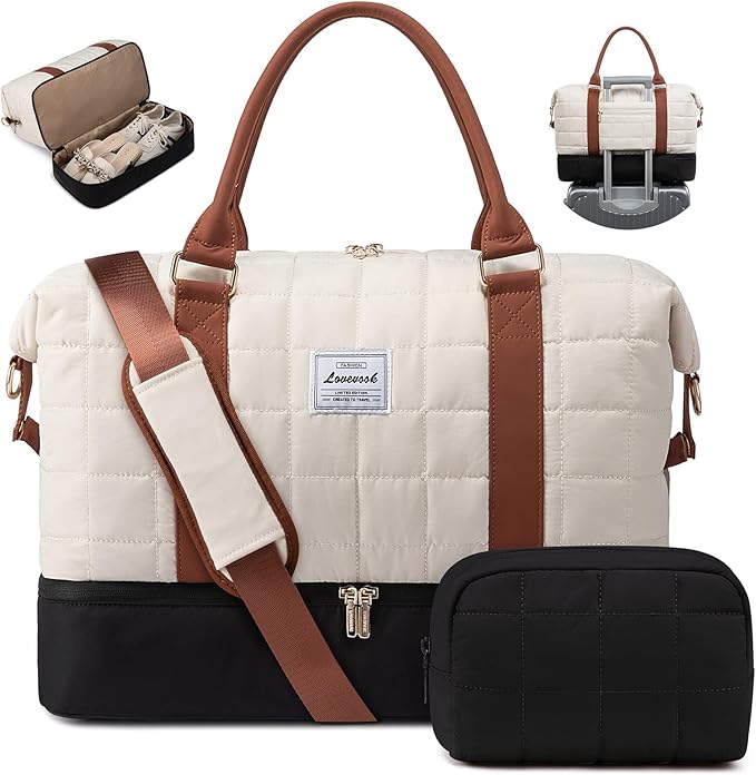LOVEVOOK Travel Duffel Bag - Versatile Weekender Bag for Women, Puffer Carry On & Overnight Bag for Short Trips, Black/White/Brown