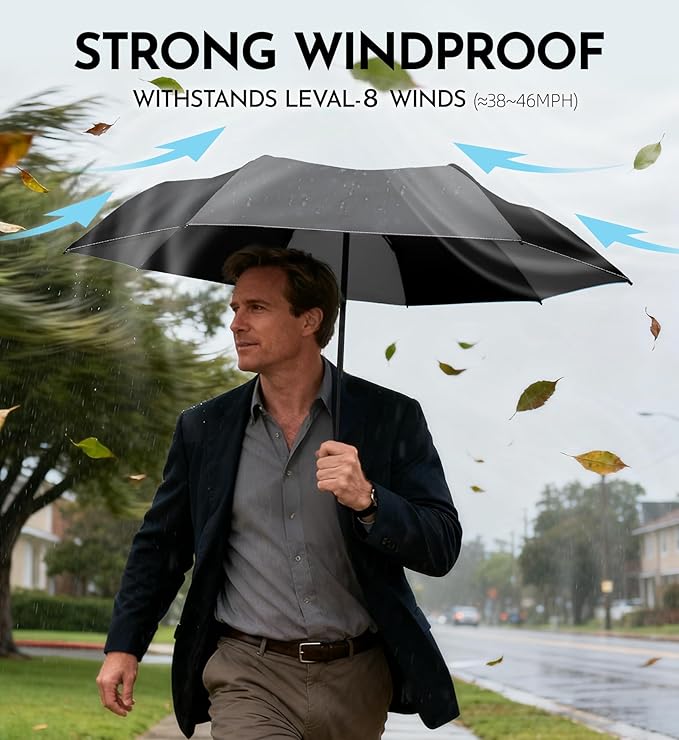 Windproof Travel Umbrella for Rain - 43" Auto Open Close 8-Rib Compact, Stylish Two-Tone Color Block Design, Easy-Close Folding Portable Parasol for Men & Women