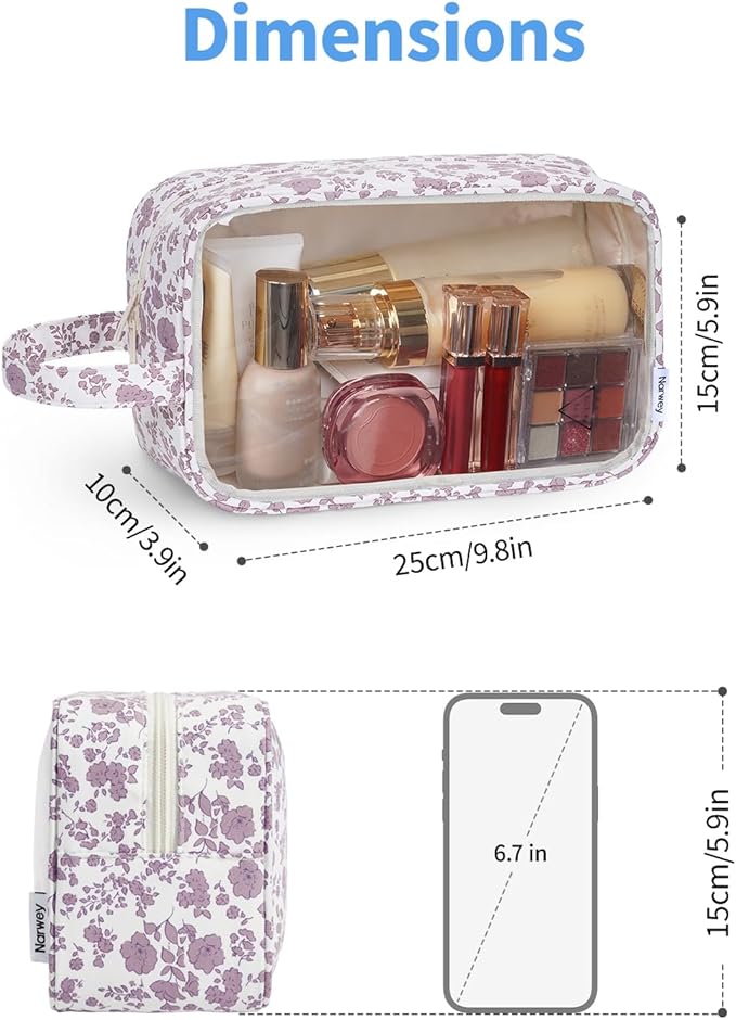 Narwey Clear Toiletry Bags for Traveling Women Men, Clear Travel Bags for Toiletries Makeup Bag Cosmetic Bag with Zipper, Make Up Organizer, Skincare Bag (Dusty Pink Flower)