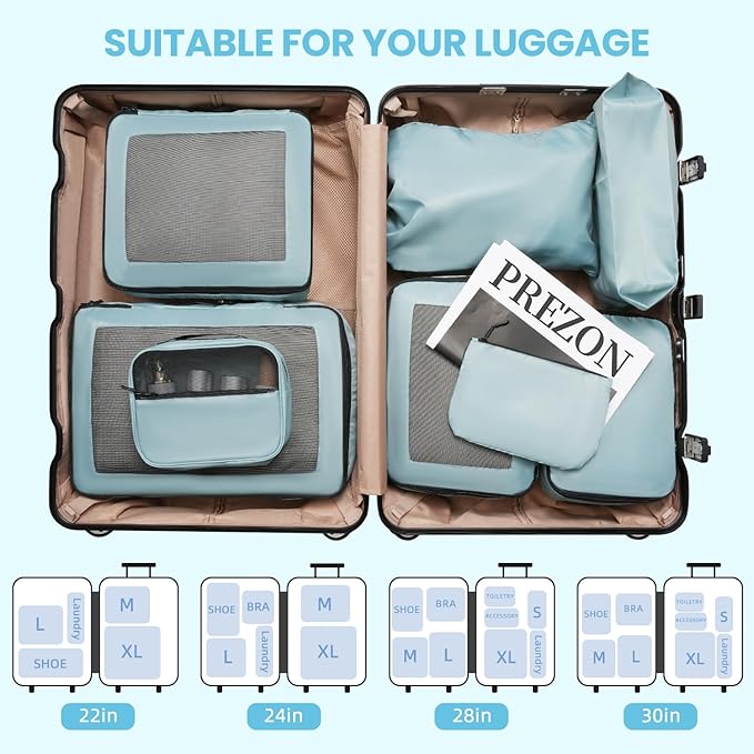 Mesh Packing Cubes for Travel, Durable Luggage Organizer with Sturdy Material and Double Zippers, Comprehensive Set for Travel Accessories Storage, 8 set, teal