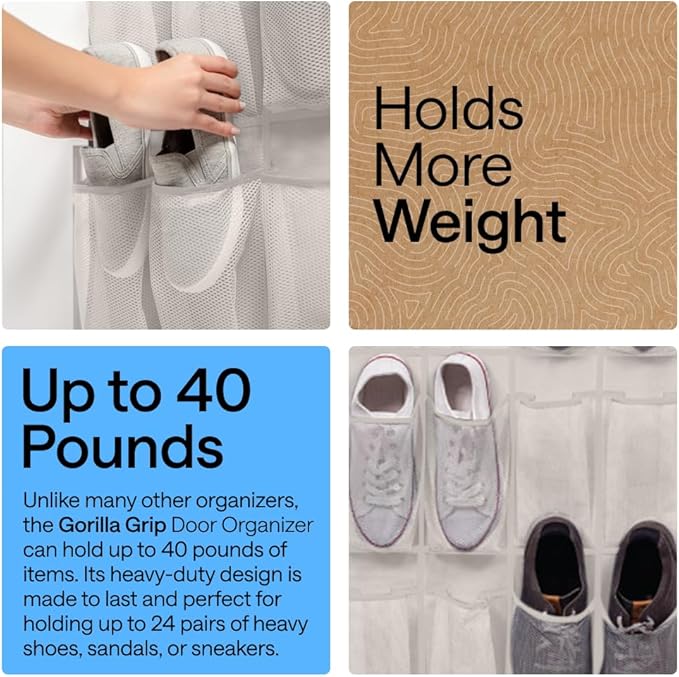 GORILLA GRIP Over the Door Shoe Organizer, 24 Large Breathable Mesh Pockets, Space Saving Hanging Storage Holder, Closet Rack Hanger Holds Up to 40 lbs, Hangs on Closets for Shoes, Accessories, Linen