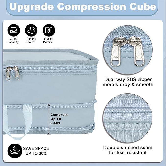Compression Packing Cubes, 2pc Compression bags for Travel Packing Organizer, Expandable Compression Cubes for Travel, Light Blue