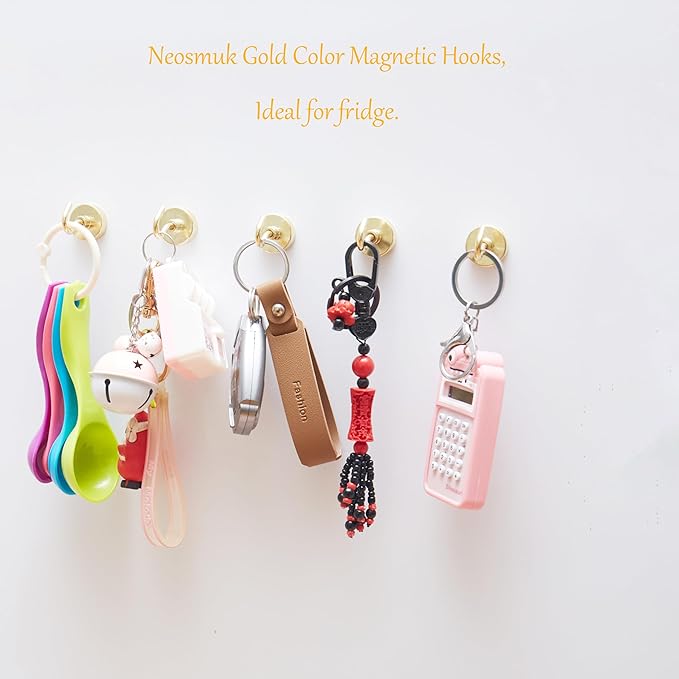 Neosmuk Magnetic Hooks,Heavy Duty Earth Magnets with Hook for Refrigerator, Extra Strong Cruise Hook for Hanging, Magnetic Hanger for Cabins, Grill (Gold, 6 Pack)
