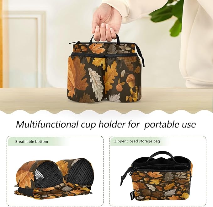 Luggage Cup Holder for Suitcases Free Hands Travel Cup Holder Portable Suitcase Cup Drink Holder Luggage Cup Caddy Bag Carrier Brown Retro Autumn Leaves