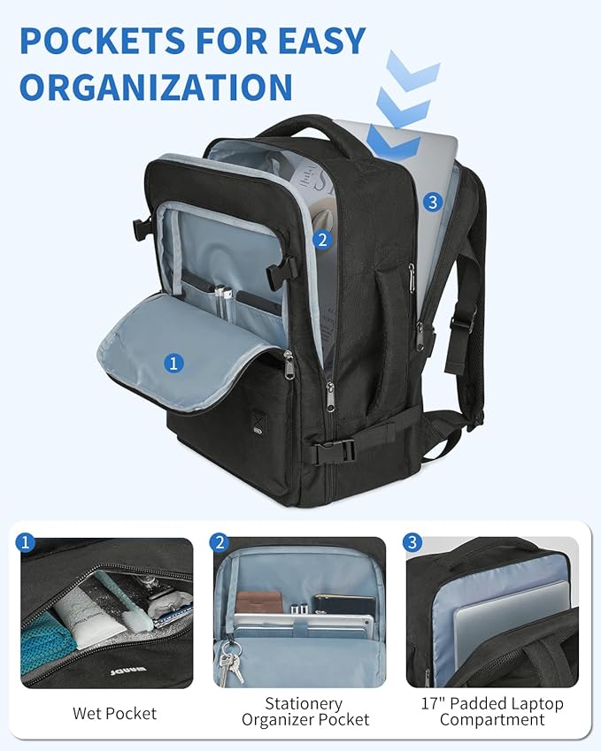 WANDF Travel Backpack For Spirit Airlines Personal Item Bag 18x14x8 with Wet Pocket, 17 Inch Laptop Backpack for Men Women（Black）