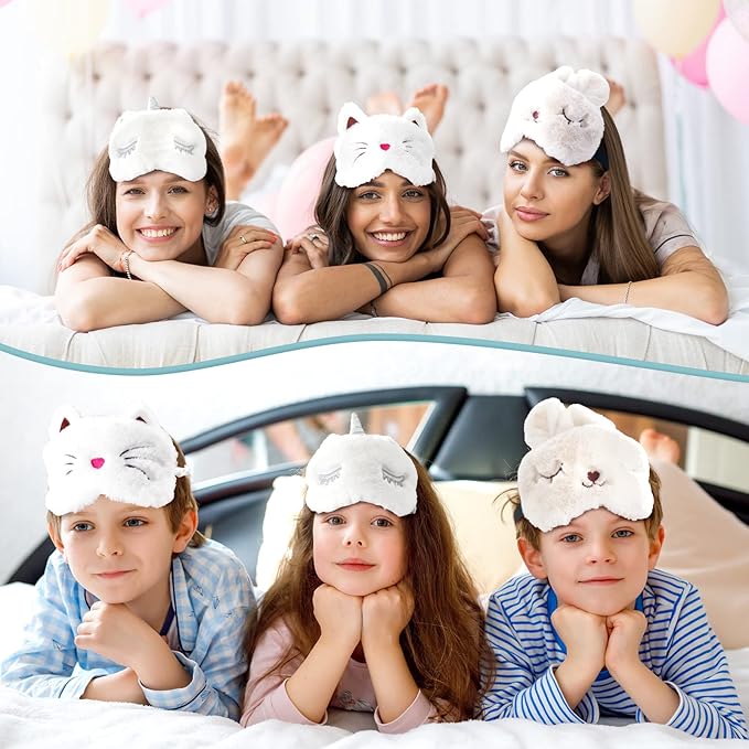 Geyoga Sleep Mask for Kids, Girls Plush Sleeping Eye Cover Soft Eye Blindfold Cover Animal Shade for Kids(White,Cat and Unicorn Style, White)