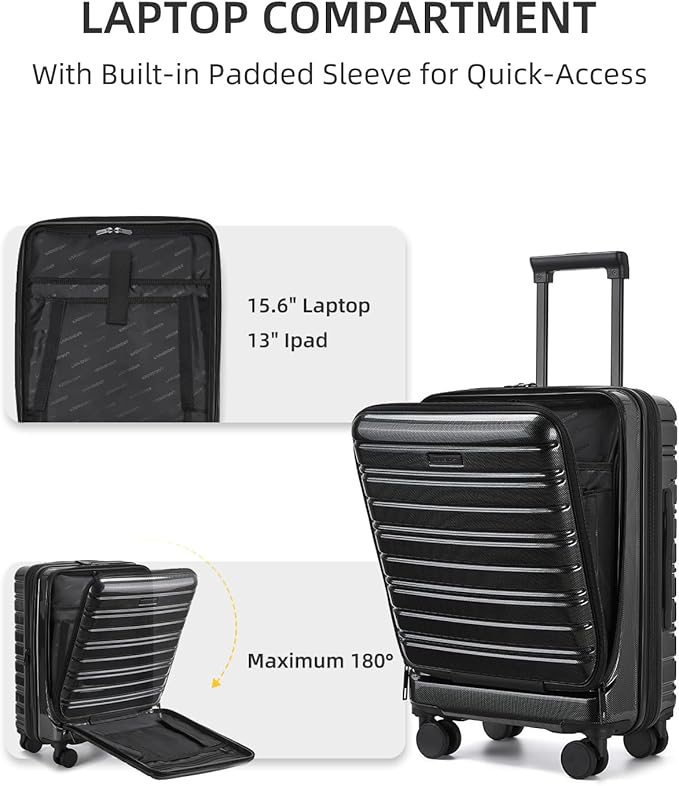 LARVENDER Carry On Luggage 22x14x9 Airline Approved, 20 Inch Expandable PC+ABS Hardside Carry On Luggage with Front Pocket Spinner Wheels TSA Lock for Women Men (Black)