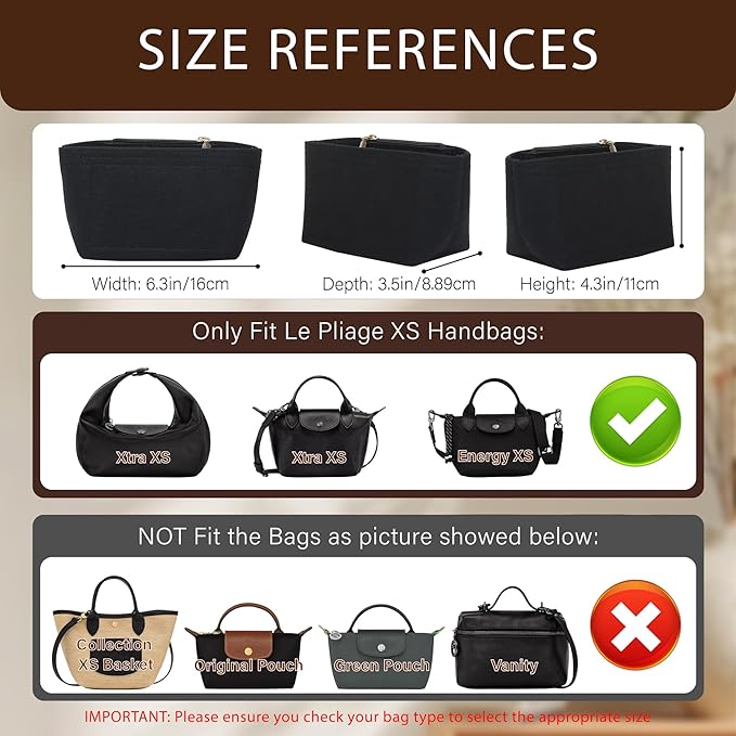 Premium Felt Purse Organizer Insert for Longchamp Le Pliage Energy/Xtra -XS, Zipper Long Champ Bag Organizer Insert with 4 Compartments