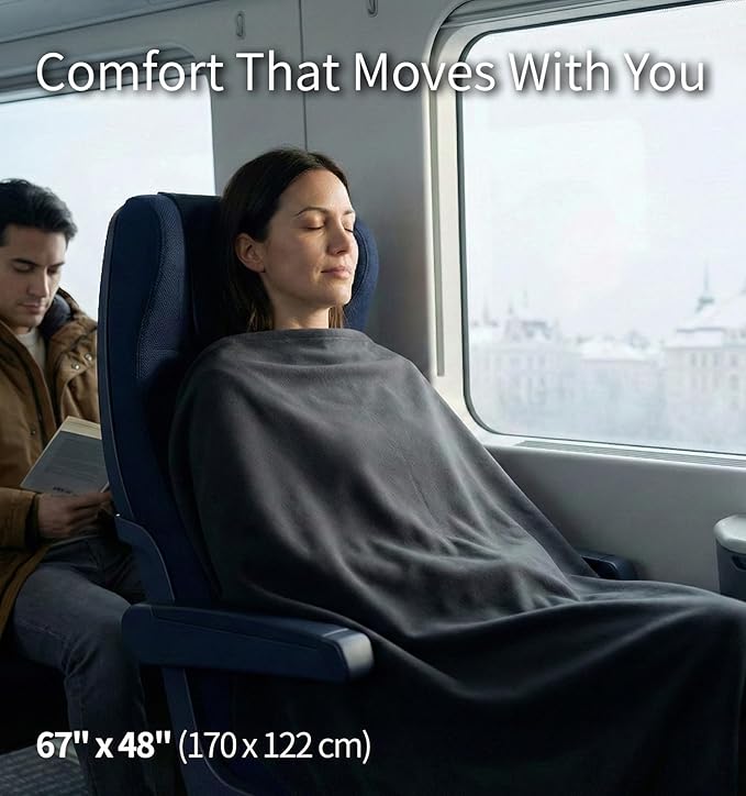 Litume Travel Camping Blanket Lightweight and Breathable, 67 x 48 in Soft Airplane Flight Blanket for Travelers, Foldable Sheet with Stuff Sack for Train, Camp, backapcking, Office, Home (E651 Grey)