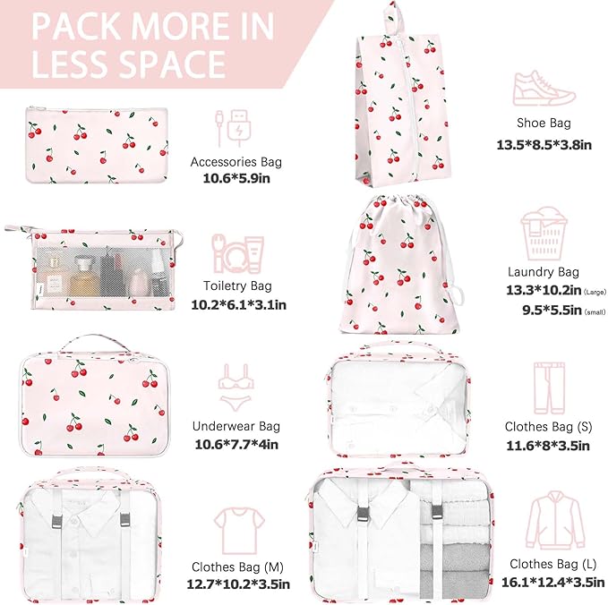 KPX 8 Set Packing Cubes for Travel, Luggage Packing Organizers Accessories Large Toiletries Bag for Clothes Shoes Cosmetics (Cherry)