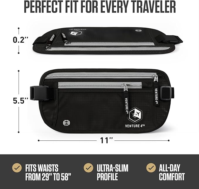 VENTURE 4TH Money Belt for Travel – Hidden Under-Clothes RFID Blocking Passport Holder & Slim Travel Wallet Pouch for Men & Women to Protect Cash, Cards & Documents (Black)