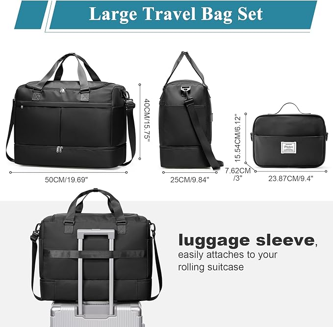 Large Travel Duffel Bag, Weekender Bag for Women with Shoe Compartment & Toiletry Bag, Overnight Carry on Bag for Travel, Gym, Hospital, Business,Black