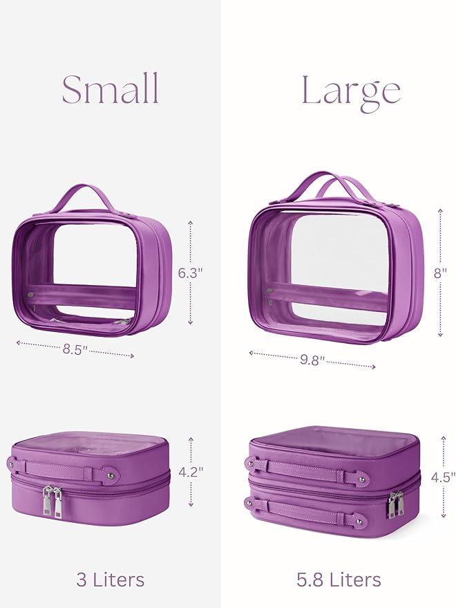 Clear Cosmetic Bag Double Layer Travel Toiletry Bag Clear Makeup Bag Case with 4 Compartments, Transparent Travel Bag for Toiletries, Large Toiletry Bag for Women Cosmetic Case (Purple, Small)