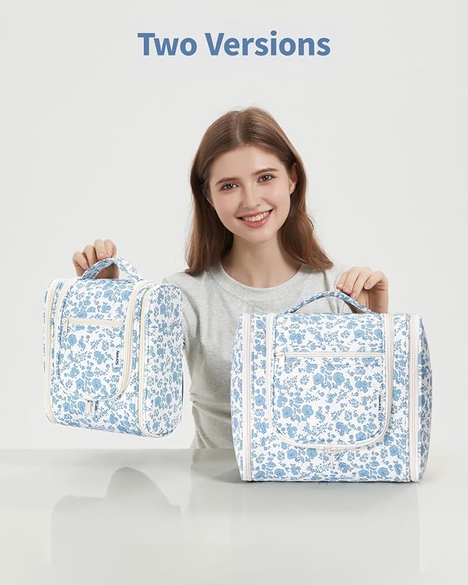 Narwey Hanging Toiletry Bag Women Travel Makeup Bag Organizer Toiletries Bag for Travel Size Essentials Accessories Cosmetics (Medium,Blue Flower)
