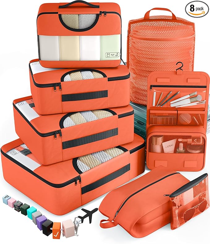 Veken 8 Set Packing Cubes for Travel Essentials, Suitcase Organizer Bags in 4 Sizes, Carry-On Luggage Accessories with Large Laundry & Hanging Toiletry Bag, Must-Have for Airplane, Road Trip & Camping
