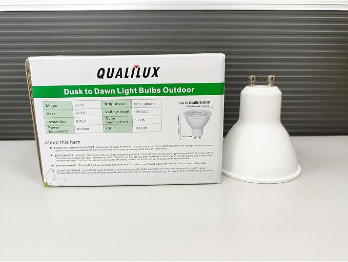 Qualilux Dusk to Dawn Light Bulbs, Auto On/Off Light Sensing LED Bulbs Outdoor,Daylight, MR16 GU10 4-Pack, 6W 500LM 50W Equivalent, HQ-H045