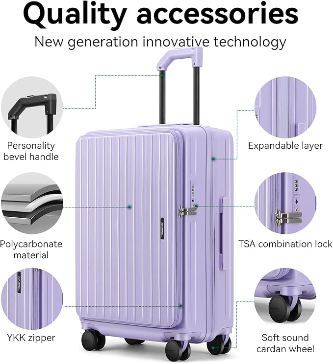 ROAMING 20 Inch Carry On Luggage Expandable Front Opening Rolling Vacation Suitcase with Spinner Wheels and TSA Lock Cup Holder PC Hard Shell Travel Trolley Case for Shout Business Trips purple