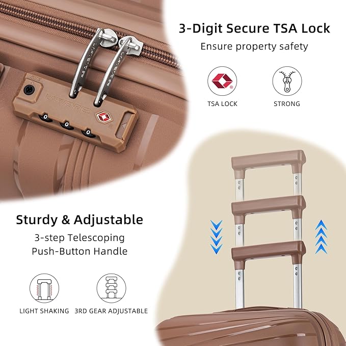 LARVENDER Carry On Luggage 22x14x9 Airline Approved, 20 Inch Hardshell & Lightweight PP Carry On Suitcase for Women with Spinner Wheels TSA Lock, Mocha