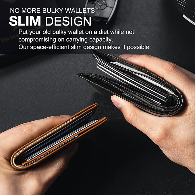 GSOIAX Slim Wallet for Men Rfid Blocking Leather Bifold Front Pocket Carbon Fiber Credit Card Holder Novelty Wallets With Gift Box (Brown)