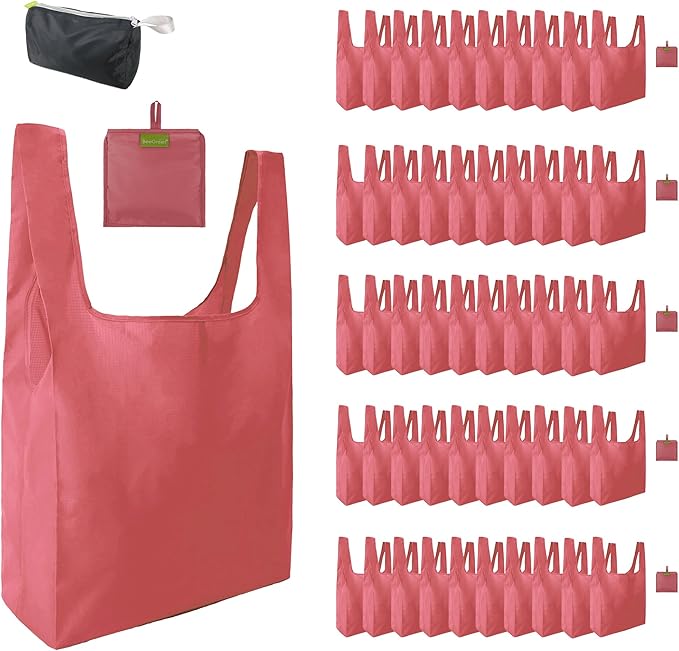 BeeGreen Pink Reusable Grocery Bags Wholesale Reusable Kitchen Bags Bulk Foldable-Machine Washable with Zipper Storage Pouch 50 Packs