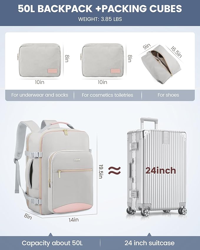 LOVEVOOK 50L Travel Backpack for Women Men,Waterproof Airline Approved Carry On Luggage Travel Essentials,TSA Carry On Backpack Personal Item Travel Bag Suitcase Weekender Traveling with Packing Cubes