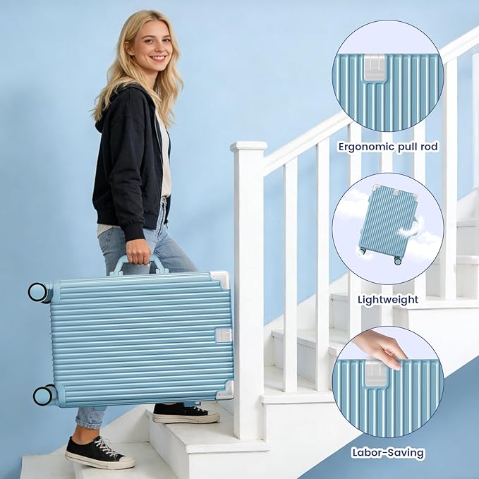 20 Inch Carry On Suitcase, Aluminum Frame Zipperless Hard Shell Luggage with Spinner Wheels, TSA Lock, USB Charging Port, Phone Holder, Cup Holder for Business Travel and Trips, Blue