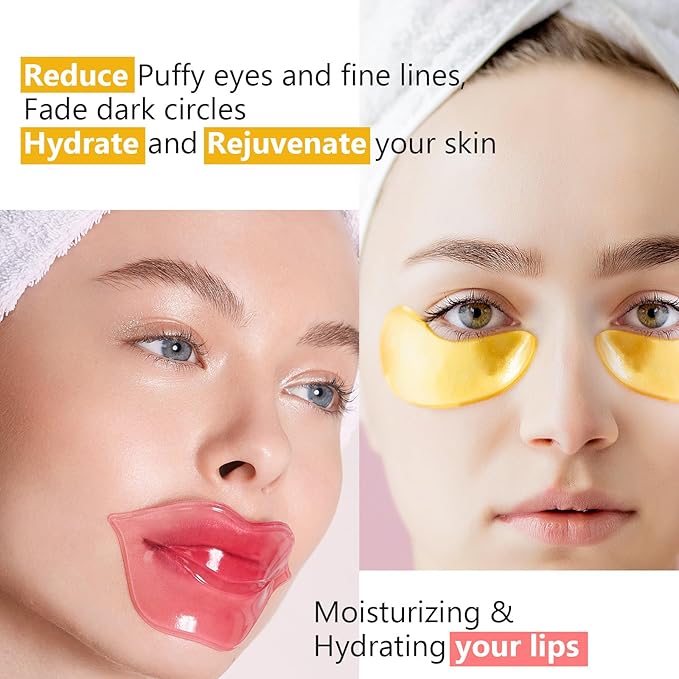 15 Pairs Gold Eye Mask and 15 Pcs Collagen Crystal Lip Mask, Under Eye Patches and Lip Pads,Collagen Crystal Mask Set for Moisturizing, Reducing Fine Lines & Dark Circles for Valentines Day Gifts