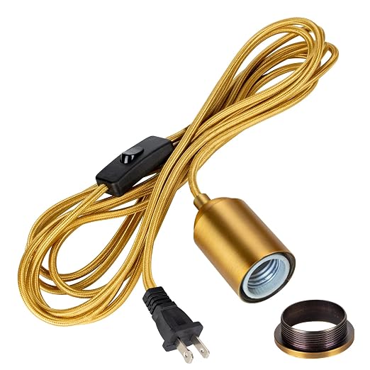 Plug in Pendant Light Cord 15FT Gold, Hanging Lamp Kit with Switch | Woven cloth cord, ceramic E26 socket, brushed aluminum shell, inline switch, fits most compatible shades