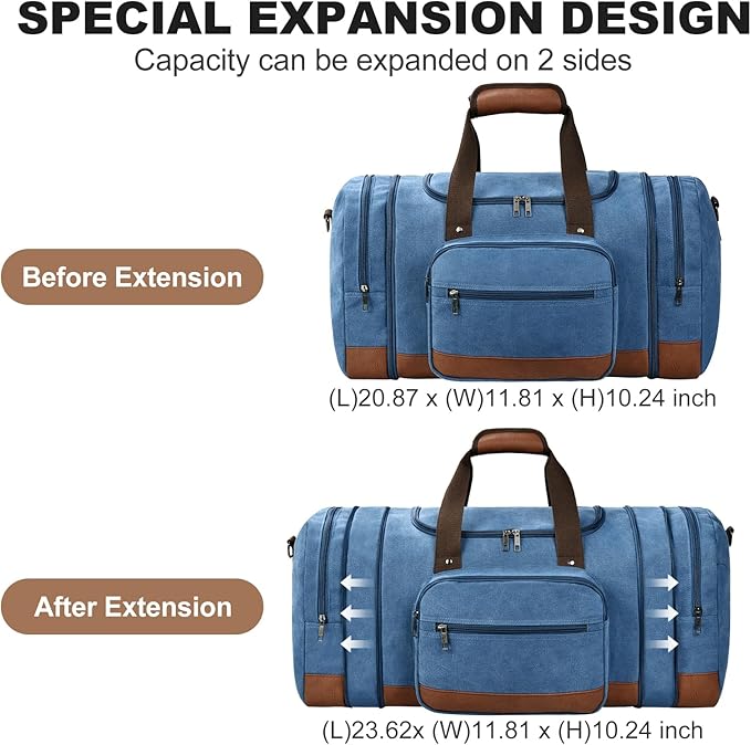 Litvyak Duffle Bag for Travel, 50L Canvas Travel Duffel Bags Overnight Weekend Gym Carry On Luggage Bag for Men & Womenn(Blue+Toiletry Bag)