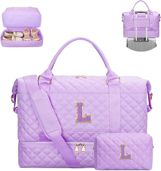Teen Girl Gifts Trendy Stuff Initial Travel Duffle Bag Quilted Weekender Bags Carry-On Overnight with Cosmetic Bag, Gym Bag with Shoe Compartment Hospital Bag for Women Labor Delivery, Purple-L
