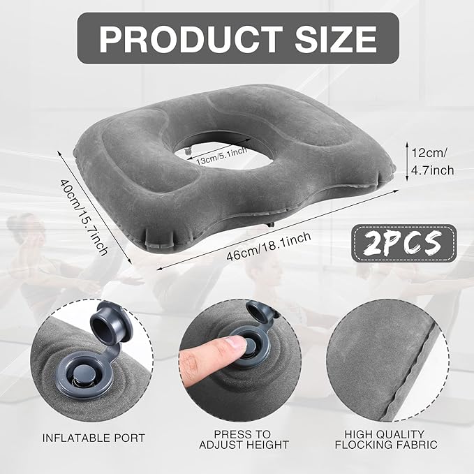 Leinuosen 2 Pcs Inflatable Seat Cushion 18.1'' x 15.7'' x 4.7'' Portable Lift Donut Pillow Height Adjustable Hemorrhoid Pillow for Tailbone Back Pain Bed Sore Home Car Chair Wheelchair Sitting (Grey)