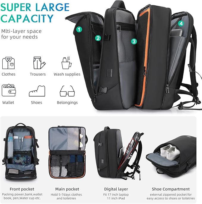 TANGCORLE 50L Carry on Travel Backpack, Expandable Airline Approved Backpacks with 3 Packing Cubes Fit 17.3 inch Laptop Suitcase backpack for Men Women(Black)