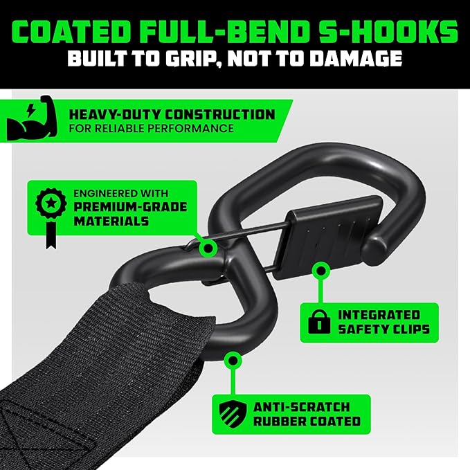 Rhino USA Ratchet Straps Tie Downs (4-Pack) - 1 Inch x 15 Feet (1,823lb Break Strength) - Ultimate Tie Down Straps with Safety S Hooks - for Trucks, Cargo, Moving, Appliances - Black