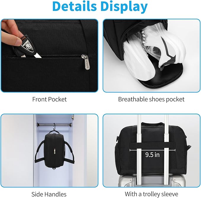 Small Gym Bag 14 inch lightweight Carry On Mini Duffel Bag with Shoe Compartment for Travel Sport - Black