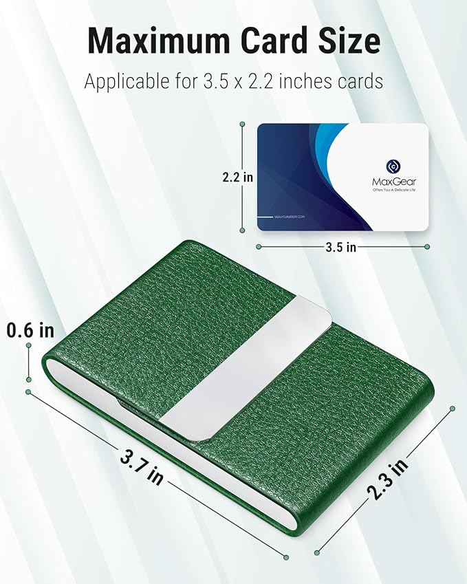 MaxGear Business Card Holder, Slim PU Leather & Stainless Steel Business Card Case for Men & Women, RFID Blocking Name Card Holder with Magnetic Closure, Dark Green