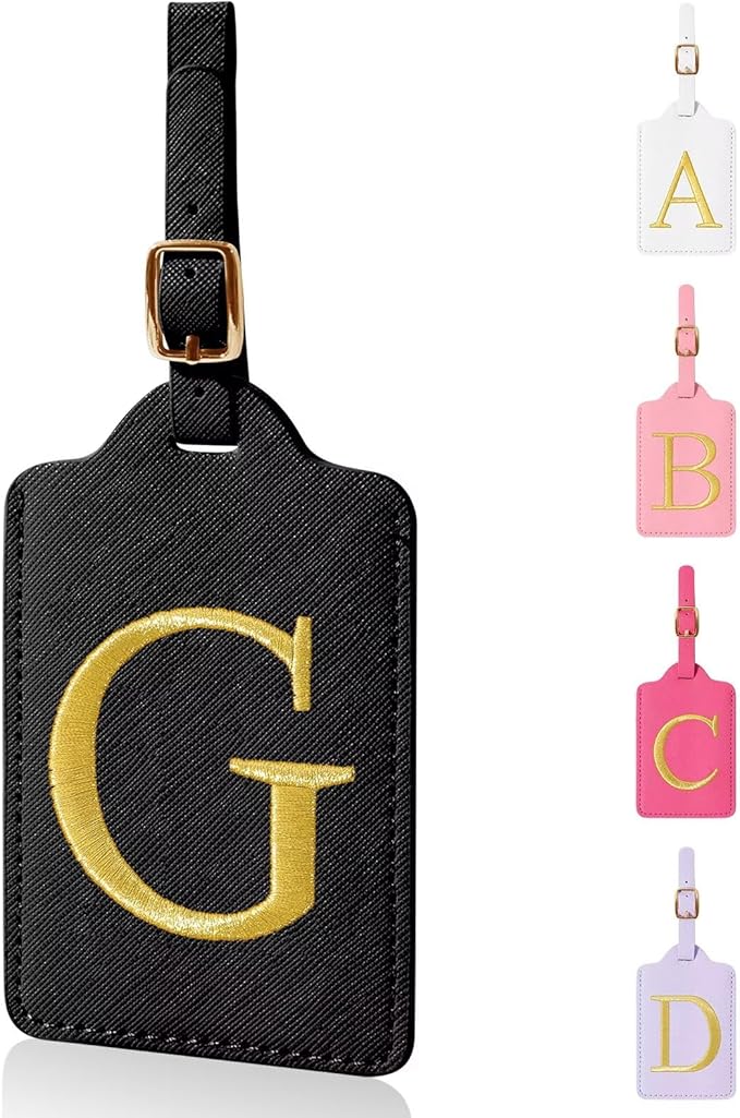 Personalized Initial Luggage Tags for Suitcases,Leather Letter Cute Luggage Tags with Privacy Name Card,Embroidered Monogrammed Travel Bag Backpack Tag Gifts for Women Kids Girls Teens(Black-G)