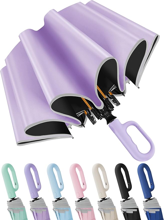 Seniny Travel Umbrella with Carabiner Handle, Windproof Large Umbrellas for Rain with Dual-Rib Structure, Portable Compact Umbrella with Reflective Strip, Car Backpack UV Umbrellas for Sun Protection