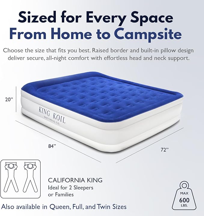King Koil Premium California King Size Air Mattress with Built-in Pillow & Patented High-Speed Built in Pump, 20" King Size Premium Double High Airbed for Home, Camping & Guests, 1-Year Warranty